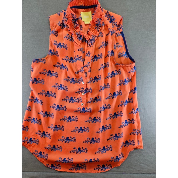 Maeve Tops - Maeve Anthropologie Orange Blue Octopus Print Ruffle Neck Sleeveless Blouse 4
